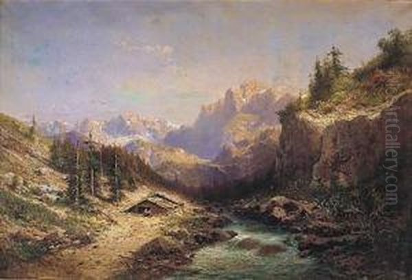 Paisaje Montanoso Con Rio Y Cabana Oil Painting by Carlos De Haes Y Fortuny