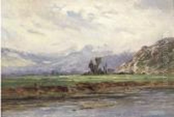 Paisaje Fluvial Con Montanas En La Distancia Oil Painting by Carlos De Haes Y Fortuny