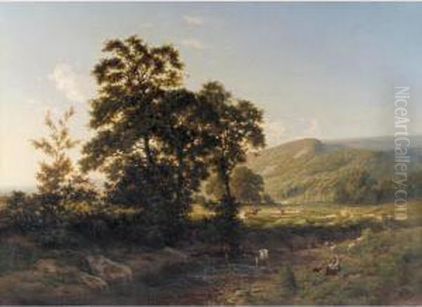 Paisaje Con Ganado (panoramic Landscape With Cattle) Oil Painting by Carlos De Haes Y Fortuny