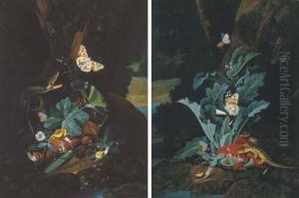 A Forest Floor Still Life With A
 Snake, Butterflies, Snails And A Grasshopper; And A Forest Floor Still 
Life With A Lizard, Butterflies And Snails Oil Painting by Carl Wilhelm de Hamilton