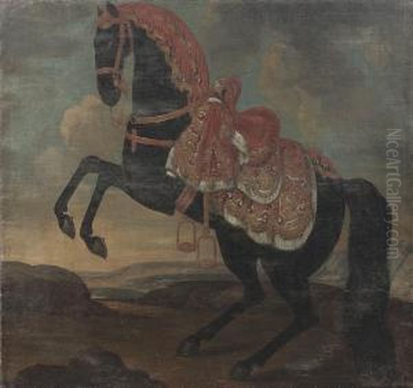 A Rearing Black Stallion, Possibly A 'lipizzaner' Oil Painting by Johann Georg Hamilton