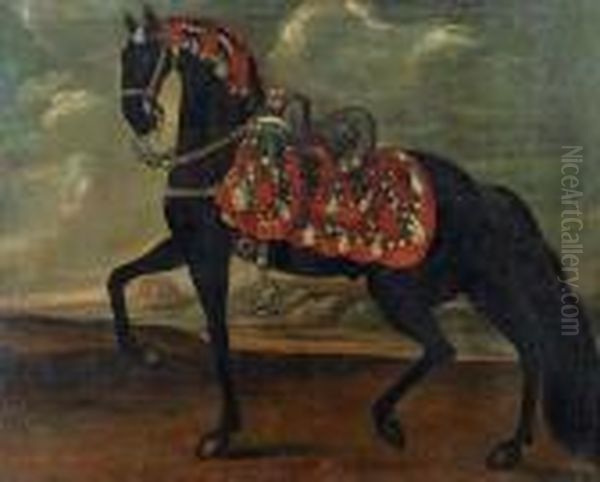 A Black Stallion, Possibly A 'lipizzaner' With An Elaborate Saddle Performing A 'piaffe' Oil Painting by Johann Georg Hamilton