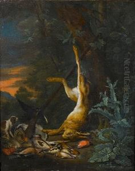 A Dead Hare And Finches With A Spaniel And Hunting Paraphernalia Beneath A Tree Oil Painting by Johann Georg Hamilton