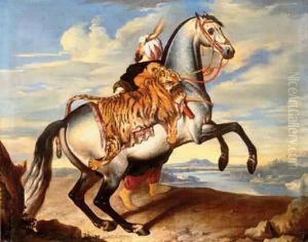 An Arab Horse With An Oriental Groom Oil Painting by Johann Georg Hamilton