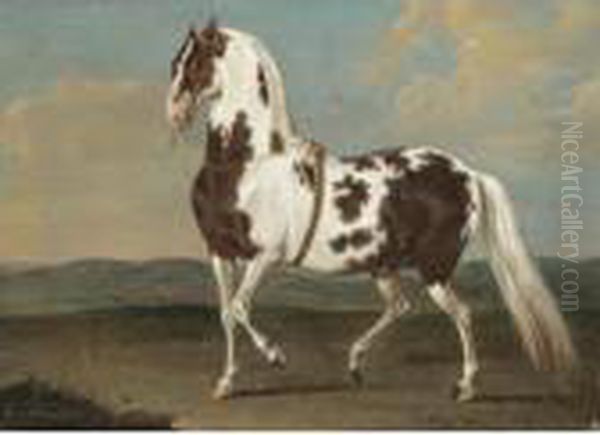 Portrait Of A Dressage Stallion In A Landscape Oil Painting by Johann Georg Hamilton