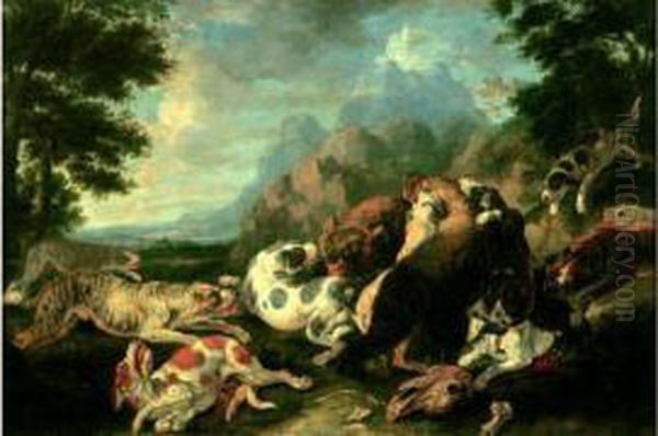 Deux Ours Attaques Par Des Chiens Oil Painting by Johann Georg Hamilton