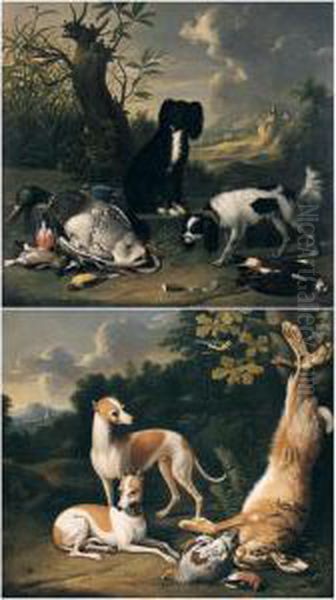 Spaniels Guarding Wildfowl And Songbirds In A Landscape With A Castle In The Distance Oil Painting by Johann Georg Hamilton