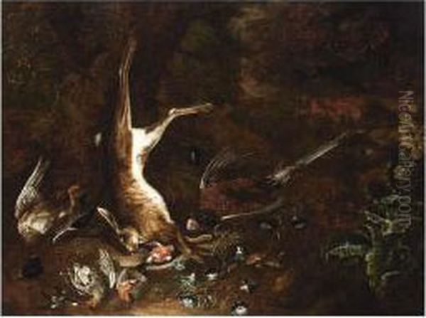 A Hunting Still Life With A 
Duck, A Hare, A Partridge, A Pheasant, Songbirds, Morning Glory And Fly
 Agarics In A Forest Oil Painting by Johann Georg Hamilton