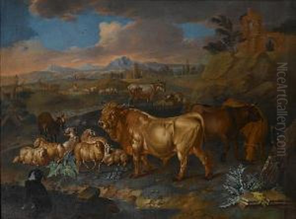 A Landscape With Bulls, Sheep And Goatsgrazing, A Shepherd And His Flock In The Distance Oil Painting by Ferdinand Phillip de Hamilton