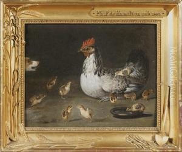 Poule Et Ses Poussins Surpris Par Un Chien Oil Painting by Ferdinand Phillip de Hamilton