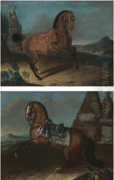 A Pair Of Portraits Of Saddled Bay Stallions In A Landscape Oil Painting by Ferdinand Phillip de Hamilton