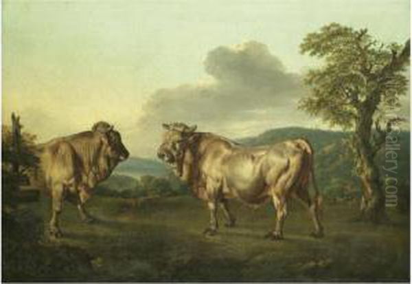 Two Bulls In A Landscape Oil Painting by Ferdinand Phillip de Hamilton