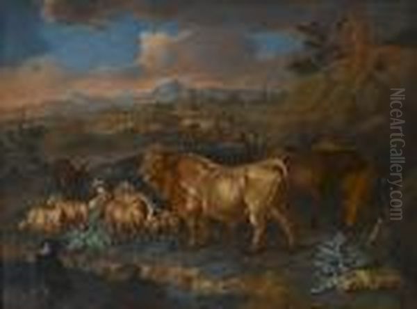 A Landscape With Bulls, Sheep 
And Goats Grazing, A Shepherd And His Flock In The Distance Oil Painting by Ferdinand Phillip de Hamilton