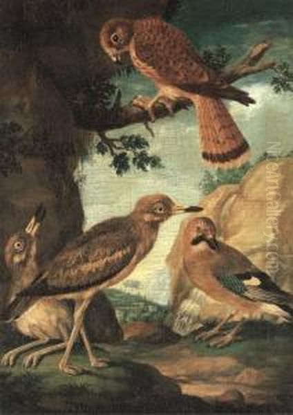 A Chuff, Hawk, Sparrow And Kestrel In A Landscape Oil Painting by Ferdinand Phillip de Hamilton