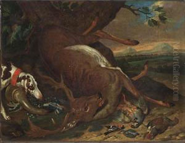 A Hunting Still Life Of A Stag, A
 Partridge, A Pheasant, A Kingfisher And A Bullfinch, Together With A 
Sporting-dog And A Hunting Horn, All In A Landscape Setting Oil Painting by Ferdinand Phillip de Hamilton