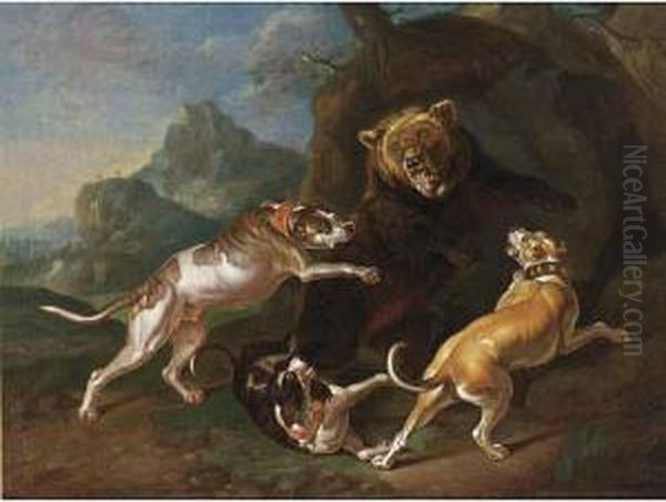 A Hunting Scene With Dogs Bringing Down A Bear Oil Painting by Ferdinand Phillip de Hamilton