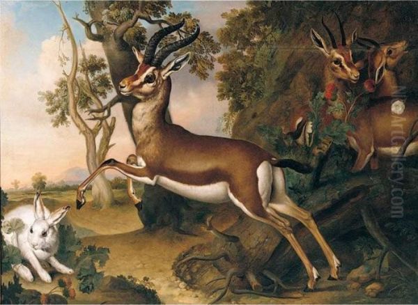 Antelope With A Hare In A Landscape Oil Painting by Ferdinand Phillip de Hamilton