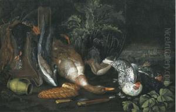 A Partridge, A Dead Duck, A 
Pitcher, Two Knives, A Loaf Of Breadand Hens, On A Forest Floor Oil Painting by Ferdinand Phillip de Hamilton