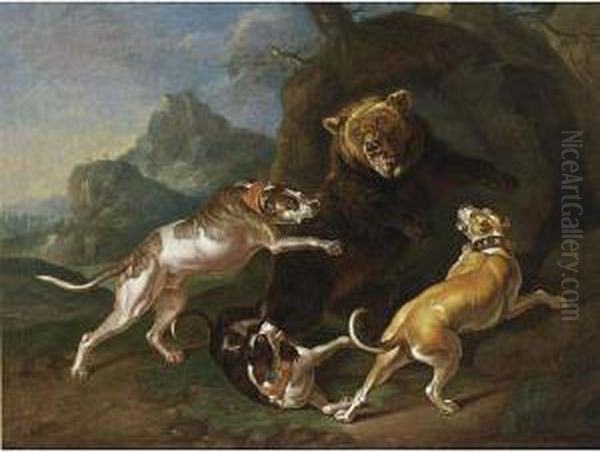 A Hunting Scene With Dogs Bringing Down A Bear Oil Painting by Ferdinand Phillip de Hamilton