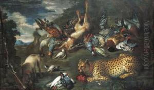 A Hunting Still Life With A Dead
 Hare, A Pheasant, A Mallard Andother Birds, With A Pointer And A 
Cheetah Oil Painting by Ferdinand Phillip de Hamilton