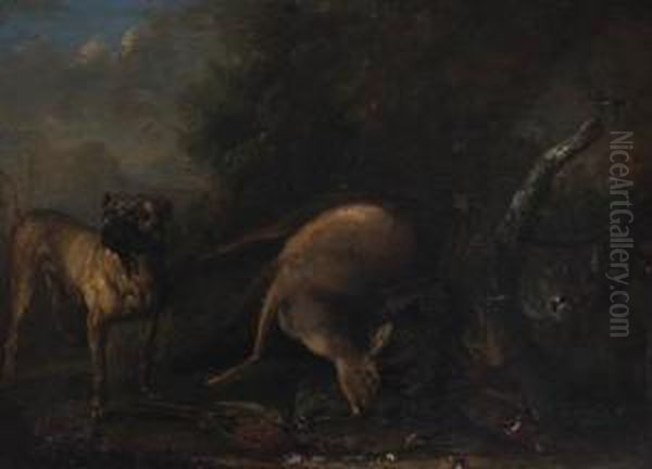 A Mastiff Guarding Dead Game Oil Painting by Ferdinand Phillip de Hamilton