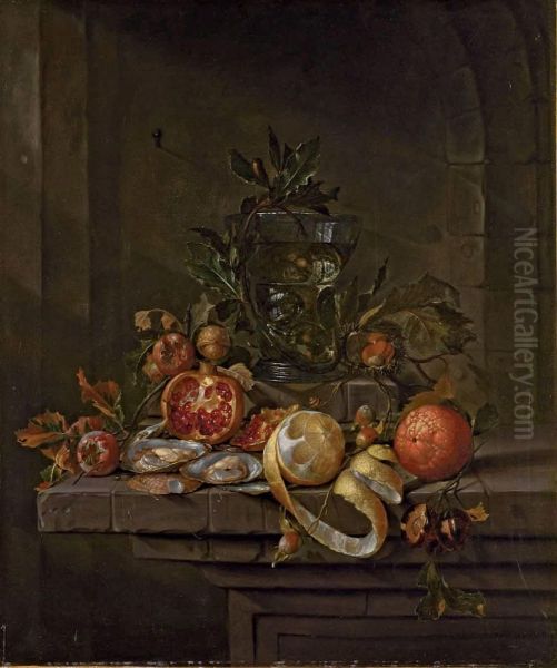 Agrumes, Coquillages Et Fruits Secs Autour D'un Roemer Sur Un Entablement Oil Painting by Cornelis De Heem