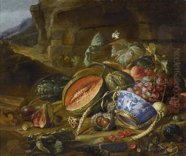 Fruit Still Life With Peaches, 
Grapes And Cherries In A Bowl With Insects And Butterflies Before A Grotto. Oil Painting by Cornelis De Heem