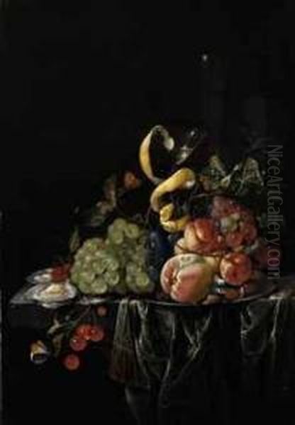 A Facon De Venise Wine Glass 
With Lemon Peel, Grapes, Peaches,plums, Cherries And Oysters On A Partly
 Draped Ledge Withbutterflies, A Caterpillar And A Dragonfly Oil Painting by Cornelis De Heem