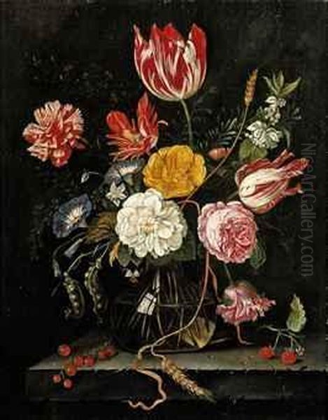 Tulips, Roses, Carnations And 
Other Flowers In A Glass Vase Withred Currants And Raspberries On A 
Stone Ledge Oil Painting by Cornelis De Heem