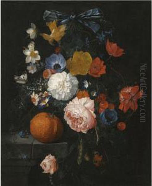 A Still Life With Roses, 
Daffodils, Bluebells And Other Flowers Ona Stone Ledge With An Orange, 
Blackberries And Twobutterflies Oil Painting by Cornelis De Heem