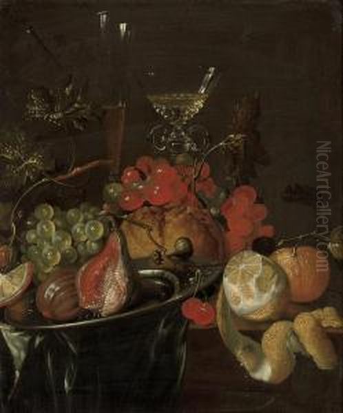 Figs And Grapes On A Pewter 
Platter, Two Glass Roemers, A Partlypeeled Lemon And An Orange On A 
Draped Wooden Ledge Oil Painting by Cornelis De Heem