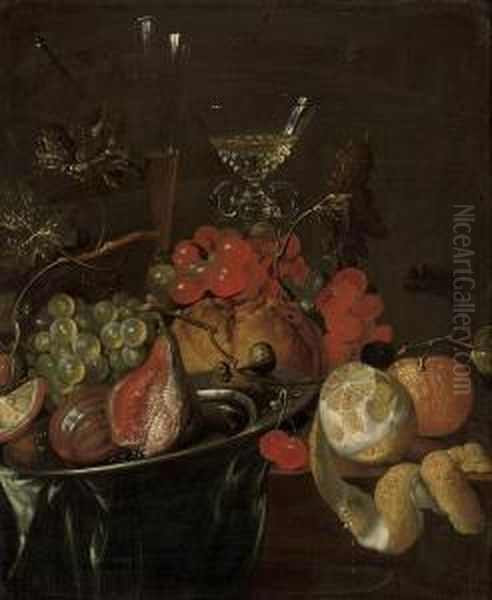 Figs And Grapes On A Pewter Platte Oil Painting by Cornelis De Heem