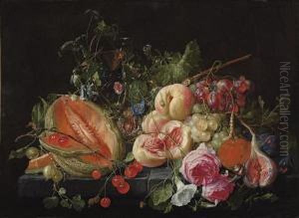 A Cut Melon, Cherries, 
Gooseberries, Peaches, Grapes, Figs, Plums,flowers, Snails And Insects 
On A Stone Ledge Oil Painting by Cornelis De Heem