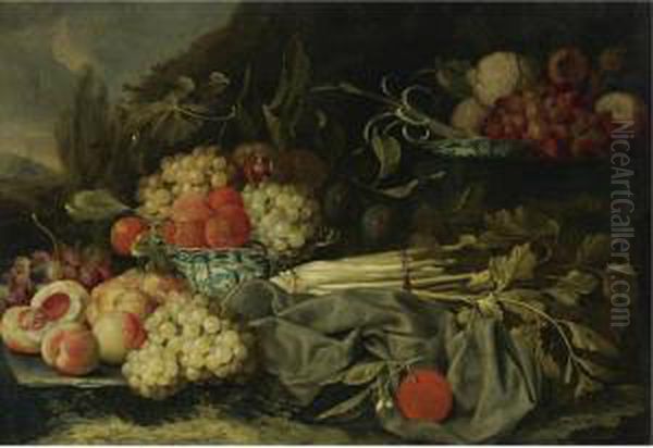 Still Life With Peaches, Grapes And Chinese Porcelain Bowl Oil Painting by Cornelis De Heem