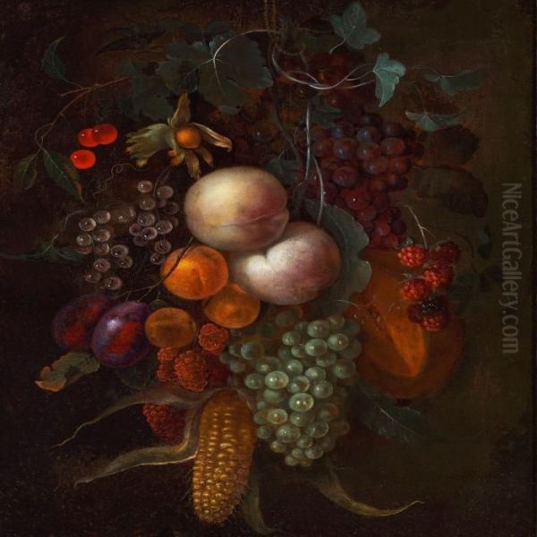 Still Life With Peaches, 
Abricots, Grapes, Plums, Melon, Raspberry, Blueberry, Cherry And A Corn 
Cob Oil Painting by Cornelis De Heem