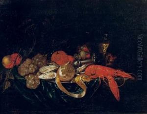 A Lobster, Oysters And A 
Partially Pealed Lemon On A Pewter Plate With Peaches, Grapes, Oranges, A
 Salt Sellar And A Glass Of Wine On A Draped Table Oil Painting by Cornelis De Heem