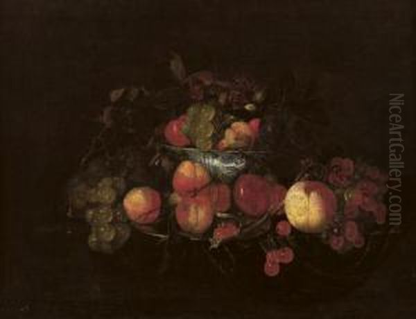 A Silver Plate With Peaches And Cherries Oil Painting by Cornelis De Heem