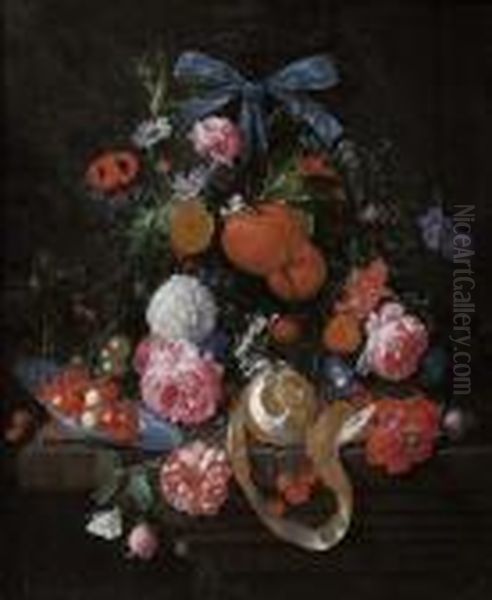 Stilleben Mit Orange, Rosen, 
Goldblume Und Anderen Blumen Uber Einer Steinplatte Mit Wan Li Schale 
Mit Walderdbeeren, Einer Geschalten Zitrone, Kirschen Und Brombeeren. Oil Painting by Cornelis De Heem