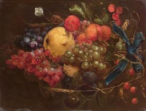 A Swag Of Cherries, 
Strawberries, Apricots, Grapes, Lemons, Plums And Ears Of Corn Hanging 
From A Blue Ribbon With A Cabbage White Butterfly, A Caterpillar And 
Other Insects Oil Painting by Cornelis De Heem