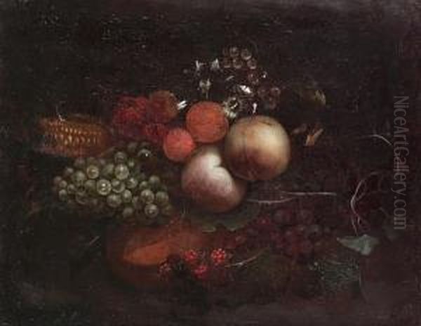 Peaches, Grapes, Blackberries And Other Fruit Gathered Together In A Swag Oil Painting by Cornelis De Heem