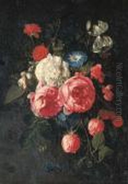 A Swag Of Roses, Peonies, Morning Glories And Other Flowers Oil Painting by Cornelis De Heem