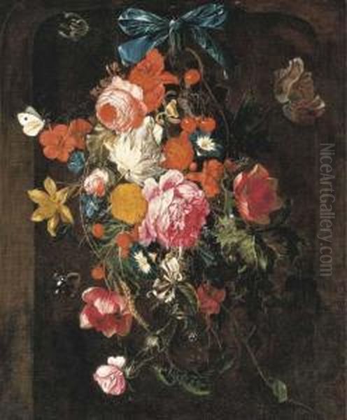 Roses, Peonies, Morning Glories, Tulips, Poppies And Other Flowershanging From A Nail Oil Painting by Cornelis De Heem