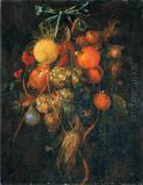 A Swag Of Grapes, Oranges, Figs, Cherries And Other Fruits Suspended By A Blue Ribbon Oil Painting by Cornelis De Heem