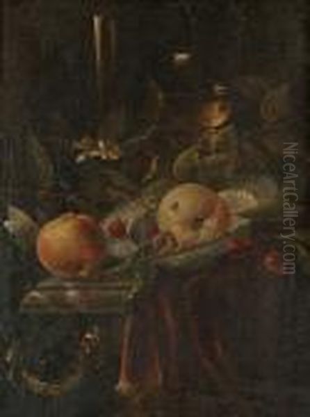 A Still Life Of A Facon De 
Venise, A Roemer, Cherries And Wan-li Kraak Bowls On A Marble Ledge, 
Draped With A Red Velvet Cloth In A Stone Niche Oil Painting by Cornelis De Heem