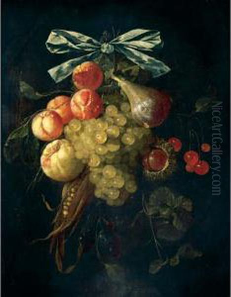 A Swag Of Abricots, Grapes, 
Cherries, A Fig, Chestnuts, Corn And Oranges Tied With A Blue Ribbon Oil Painting by Cornelis De Heem