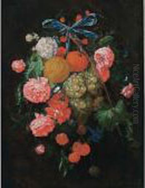 A Festoon Of Roses, Morning 
Glory, An Orange, Mandarines, Grapes, Cherries And Pea Pods, Tied 
Together With A Blue Ribbon And Hanging From A Nail Oil Painting by Cornelis De Heem