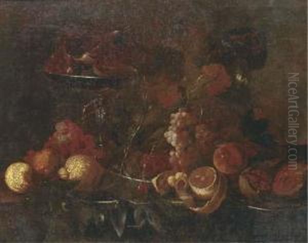 Grapes, Lemons, Pomegranates, An
 Orange And Other Fruit On Pewter Platters, With A Tazza Of Figs On A 
Table Oil Painting by Cornelis De Heem