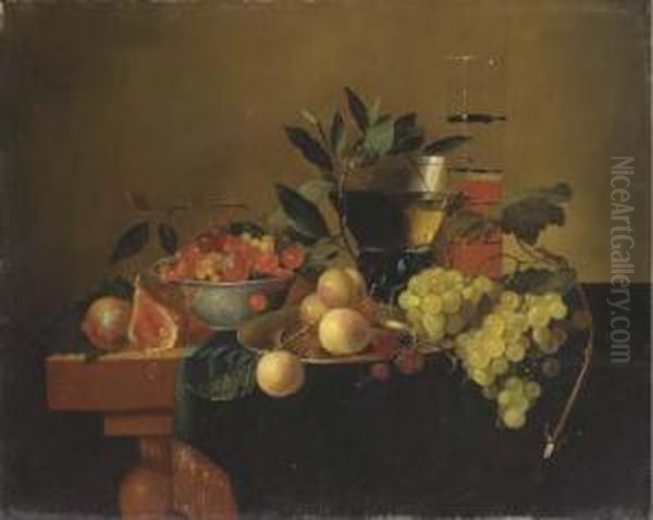 Peaches, Grapes, Figs And Other 
Fruit In A Wanli Bowl And Silverplate On A Partially Covered Table With A
 Roemer And A Fluteglass Oil Painting by Cornelis De Heem