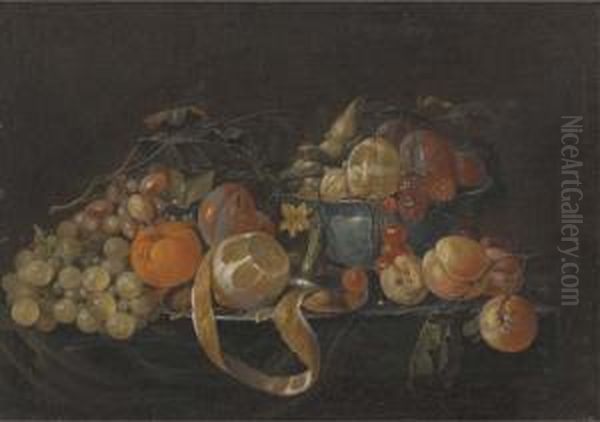 A Partly-peeled Lemon On A 
Pewter Plate, And Plums, Cherries And Other Fruit In A Porcelain Bowl, 
With Grapes, Plums, A Gherkin And Peaches On A Partly-draped Table Oil Painting by Cornelis De Heem