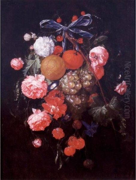 A Bouquet Of Flowers And Fruit 
With Pea Pods, Tied Together With A Blue Ribbon And Hanging From A Nail Oil Painting by Cornelis De Heem